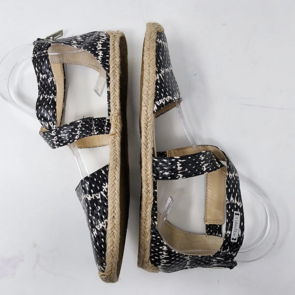 Calvin Klien SAM black‎ ivory printed ankle strap flat Espadrille 6